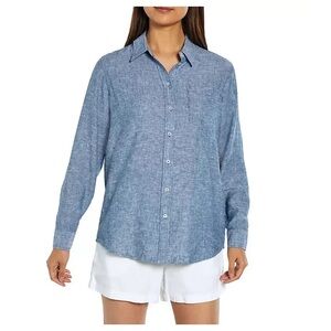 GAP Women's Long Sleeve Relaxed Fit Linen Collared Button Down Top (Blue)